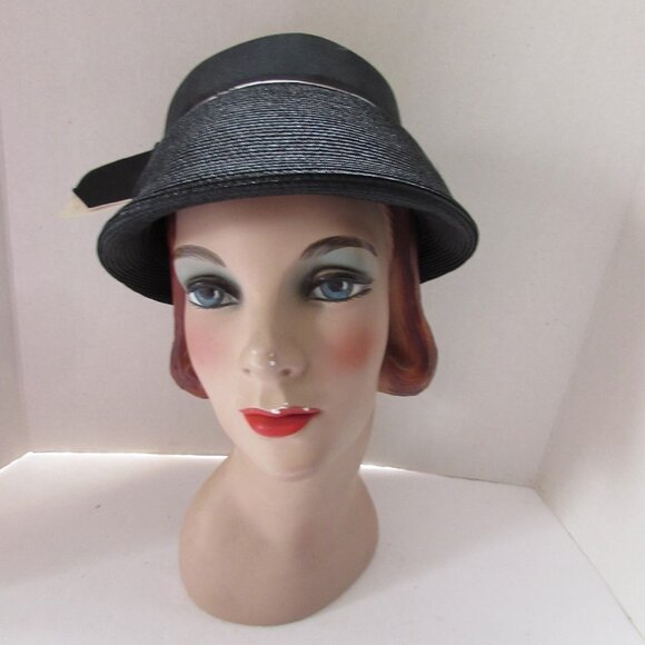 Handsome Mid Century Black Hat Bucket Style White Ribbon Accents main image 8